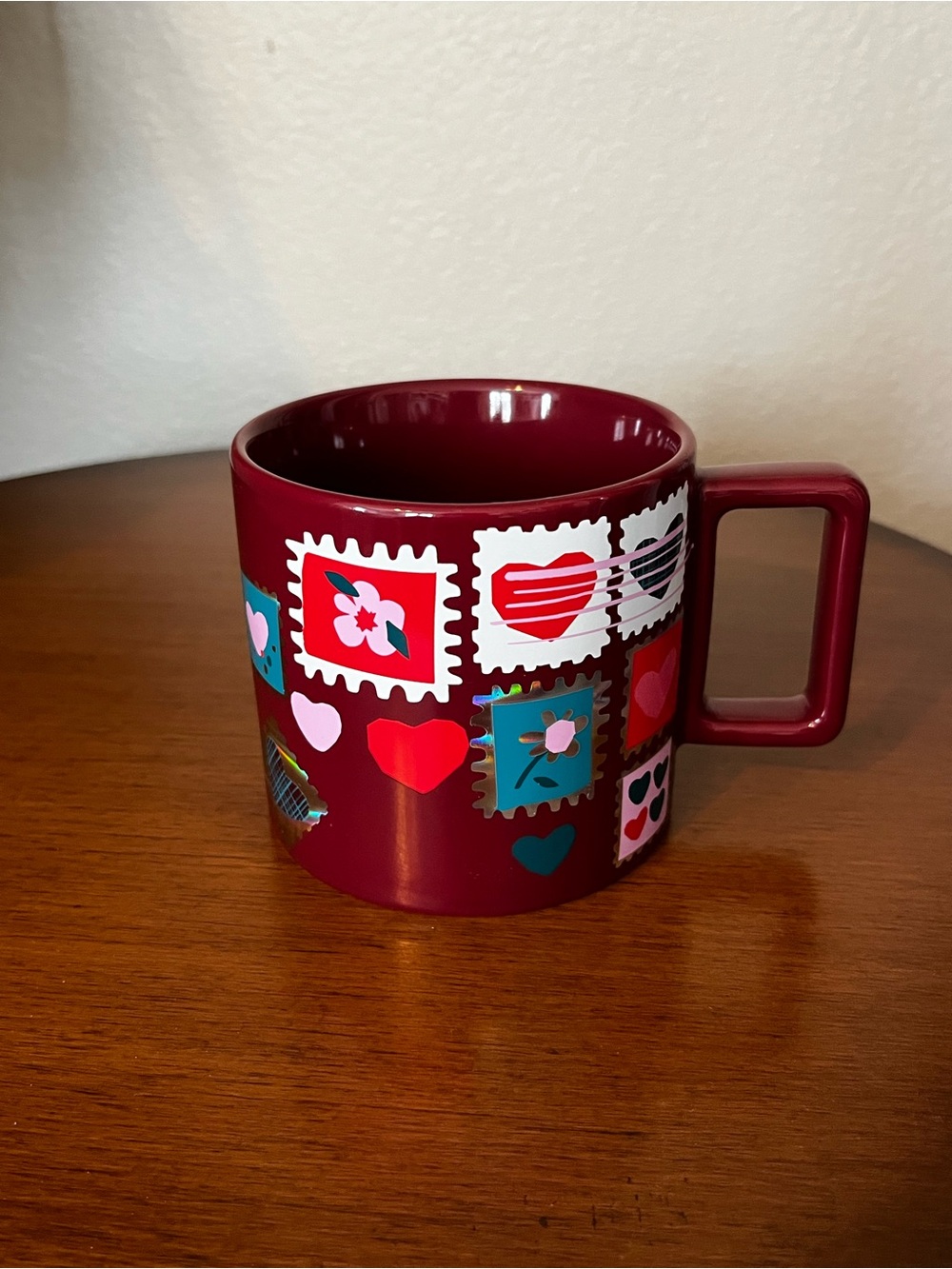 Starbucks Valentine Stamp Maroon Heart Pattern Ceramic Mug 14oz New